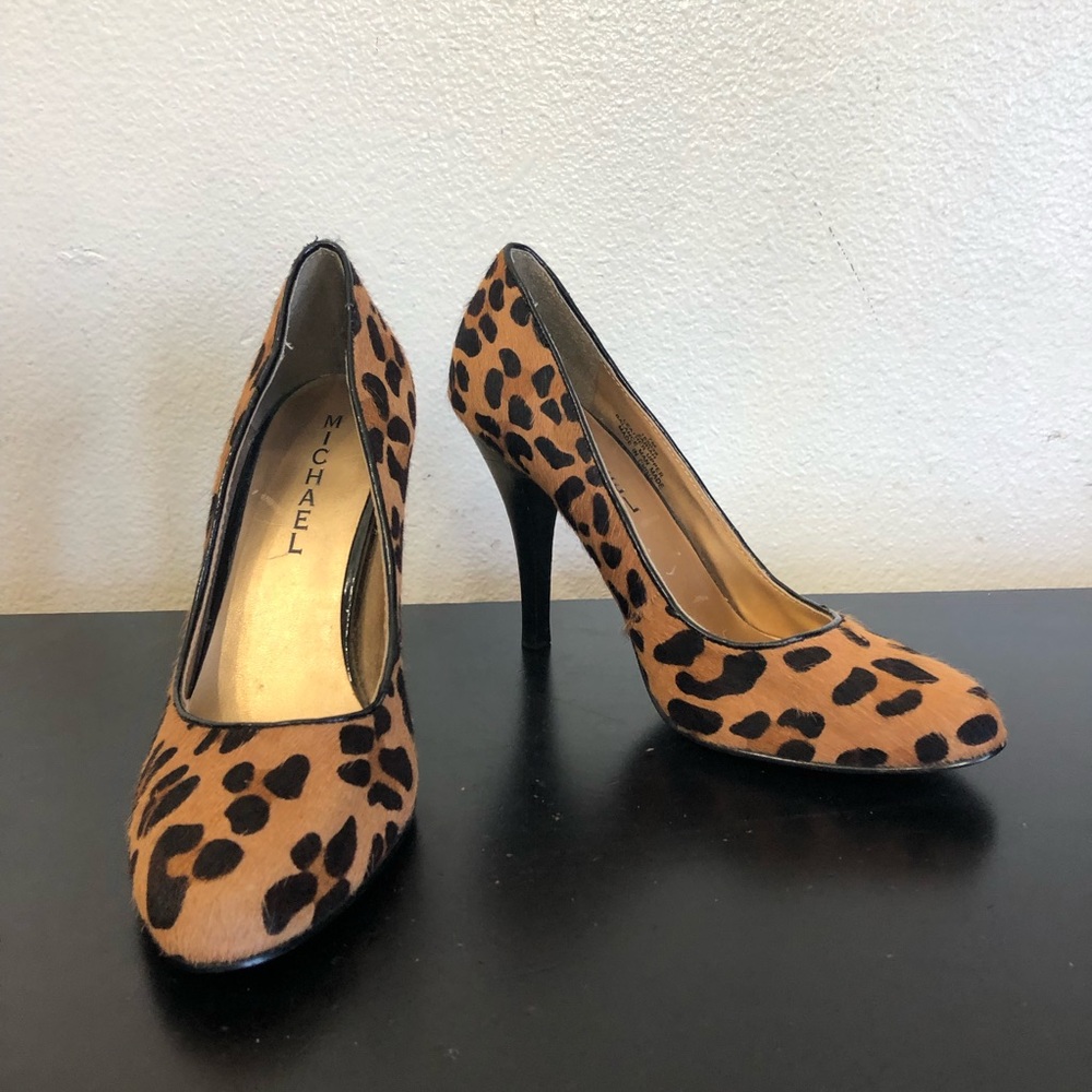 Michael Leopard Leather Fuzzy High Heels